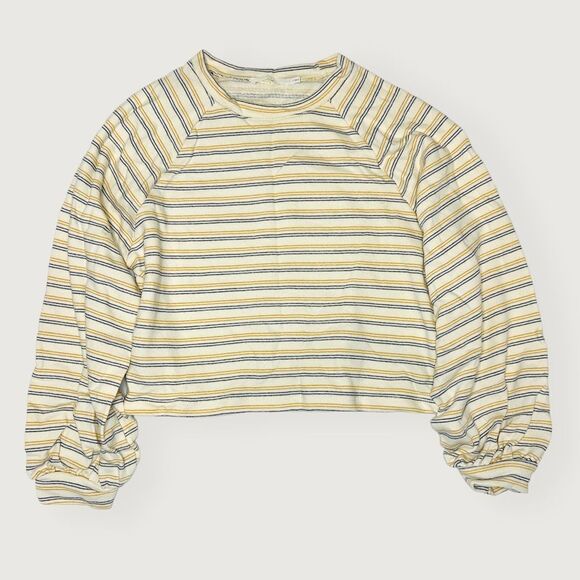 Lush Women’s Mustard Navy Striped Balloon Sleeve Sweatshirt Size Small - Picture 2 of 9